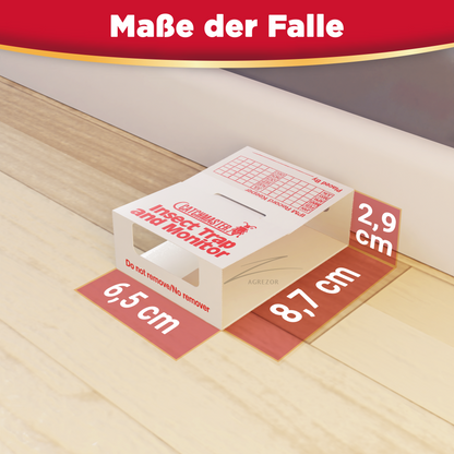 Abbildung der Agrezor Silberfischfalle mit eingezeichneten Maßen von 8,1 cm Länge, 6,5 cm Breite und 2,9 cm Höhe für diskrete Platzierung in Ecken und entlang von Fußleisten.