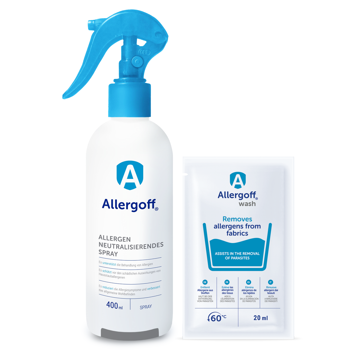 Allergoff Allergen Neutralisierendes Spray 400 ml mit zusätzlichem Wash 20 ml zur Entfernung von Allergenen aus Textilien und Matratzen