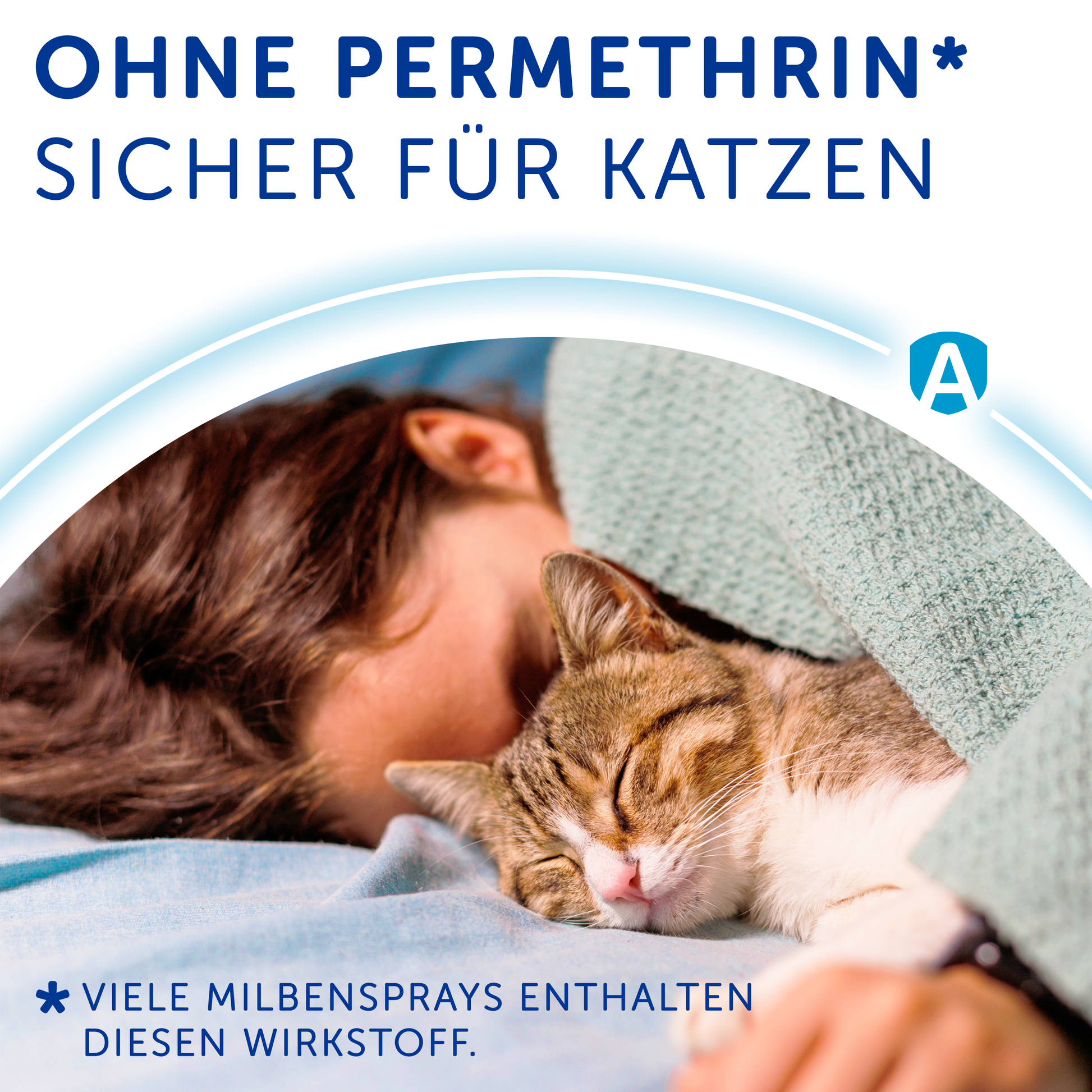 Frau schläft neben einer Katze als Symbol für ein milbenfreies Zuhause ohne Permethrin und sichere Anwendung für Katzen