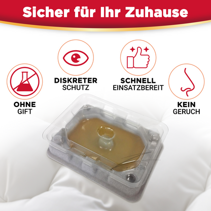 Transparenter Catchmaster Bettwanzen-Monitor mit Klebefläche auf Matratze, beworben als giftfrei, geruchslos, diskret und schnell einsatzbereit.
