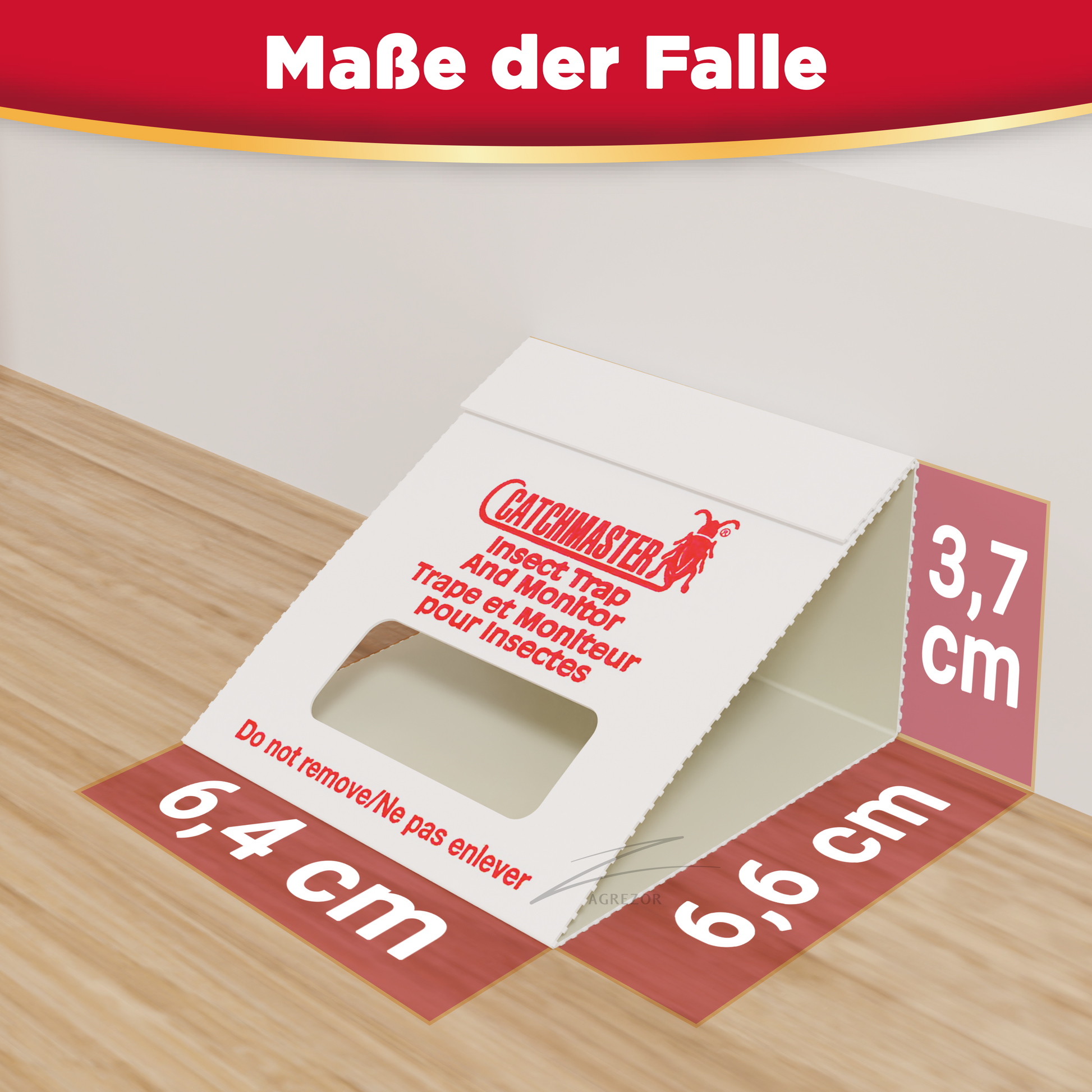 Maßangaben der Catchmaster Insect Trap mit 6,4 cm Breite, 6,9 cm Tiefe und 3,7 cm Höhe zur diskreten Platzierung in Ecken und entlang von Wänden.