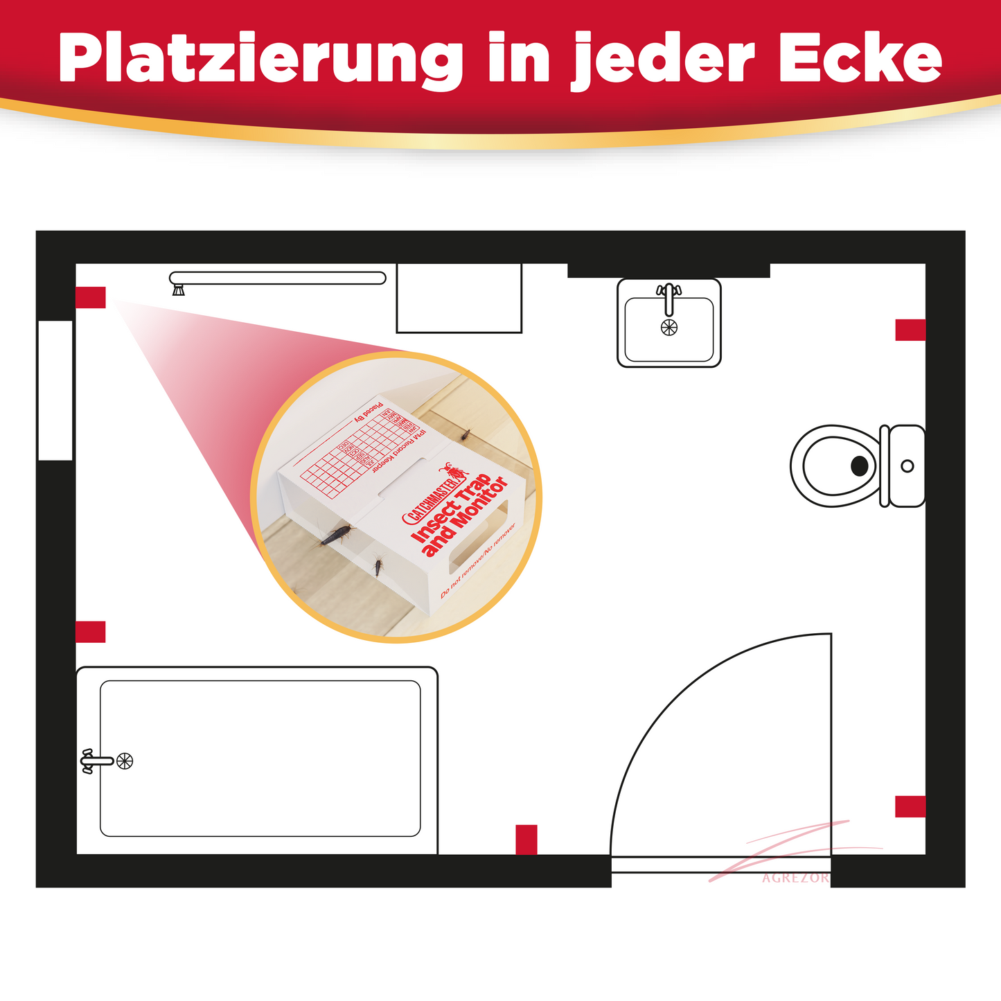 Grafische Darstellung der optimalen Platzierung eines Catchmaster Insektenmonitors in Raumecken zur effektiven Überwachung von Insektenbefall