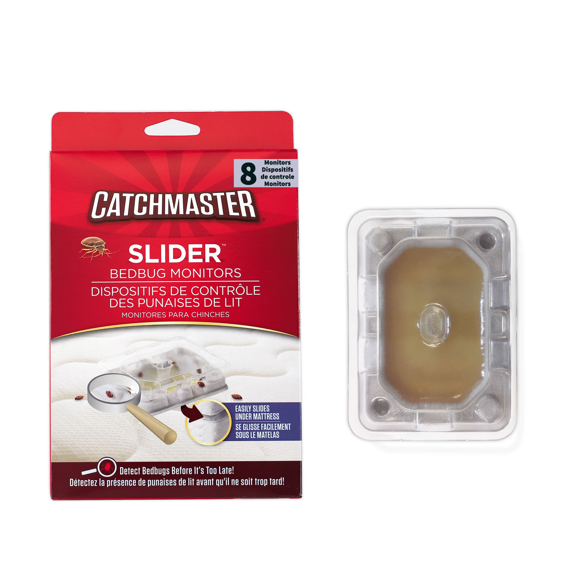 Catchmaster Slider Bedbug Monitor Verpackung und Klebefalle zur frühzeitigen Erkennung von Bettwanzen, geeignet zur Platzierung unter Matratzen und Möbeln.