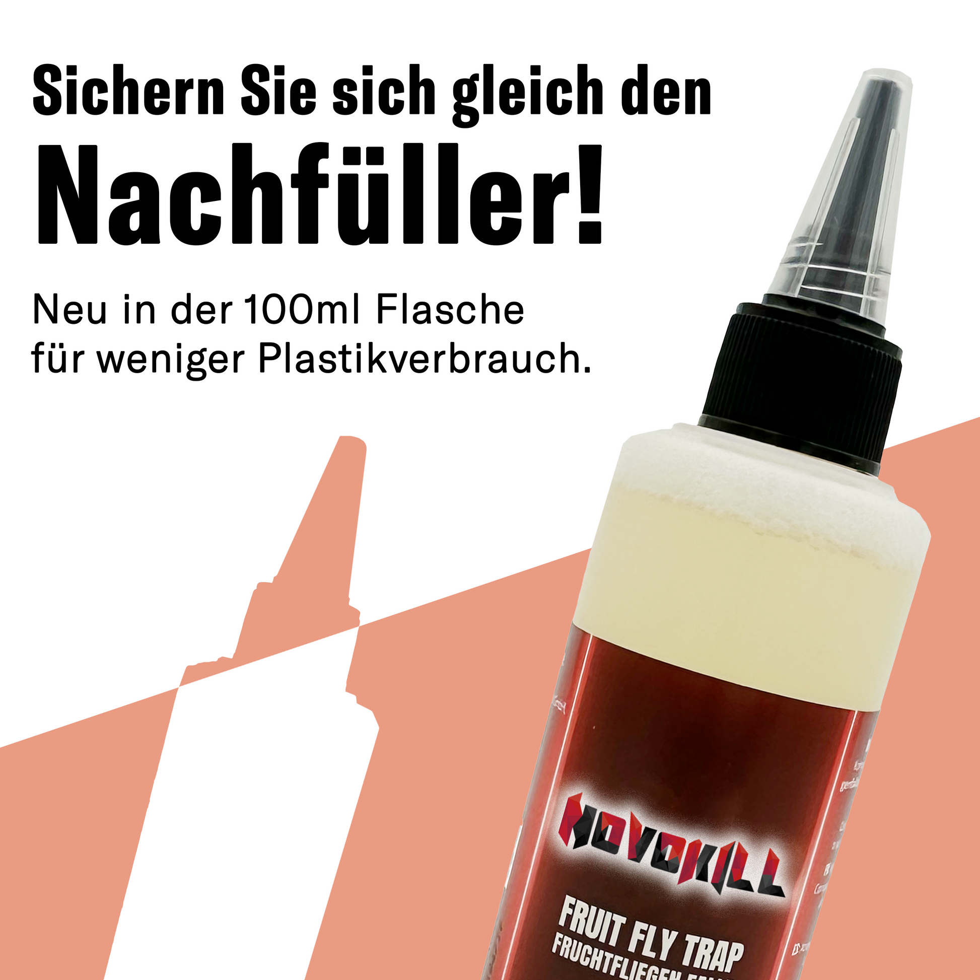 100 ml Nachfüllflasche für Fruchtfliegenfalle mit Dosierspitze, reduziert Plastikverbrauch und ermöglicht einfaches, nachhaltiges Nachfüllen der Falle.