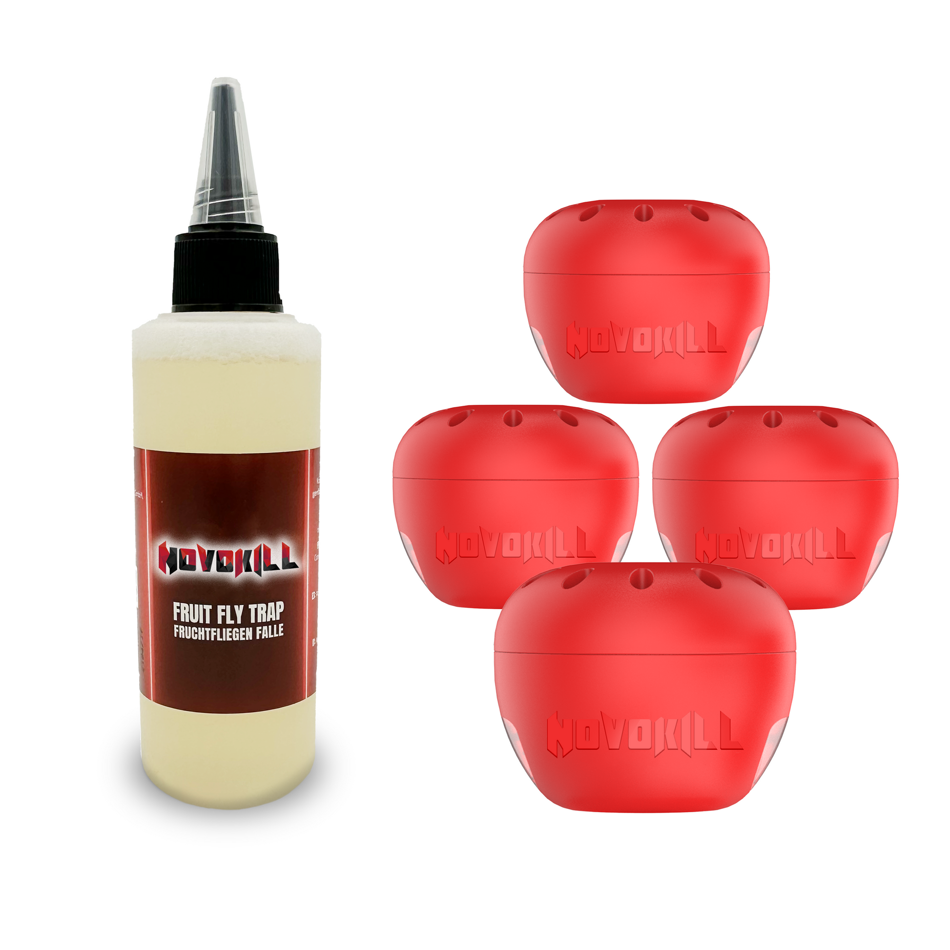 Set aus vier roten Fruchtfliegenfallen und einer 100 ml Lockstoff-Nachfüllflasche für effektive Bekämpfung von Fruchtfliegen in Küche und Wohnbereich.