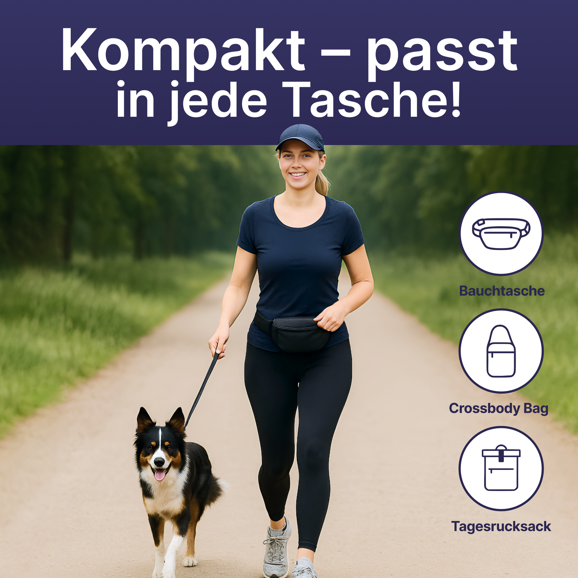 Frau spaziert mit Hund im Park als Symbol für das kompakte Kick the Tick Zeckenspray, das in Bauchtasche, Crossbody Bag oder Rucksack passt