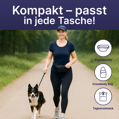 Frau spaziert mit Hund im Park als Symbol für das kompakte Kick the Tick Zeckenspray, das in Bauchtasche, Crossbody Bag oder Rucksack passt