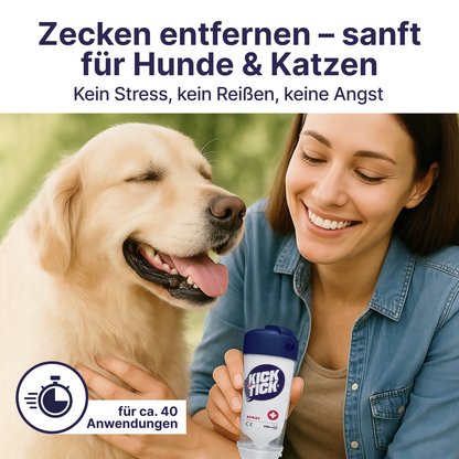 Frau entfernt Zecke bei einem Hund mit Kick the Tick Spray zur stressfreien und schonenden Anwendung bei Hunden und Katzen