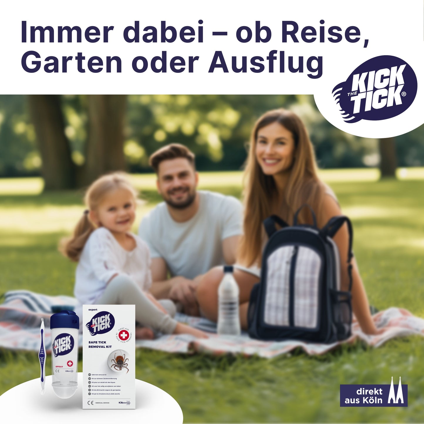 Familie beim Picknick im Park mit Kick the Tick Zeckenset als praktischer Begleiter für Reisen, Garten und Outdoor-Ausflüge