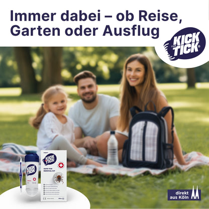 Familie beim Picknick im Park mit Kick the Tick Zeckenset als praktischer Begleiter für Reisen, Garten und Outdoor-Ausflüge