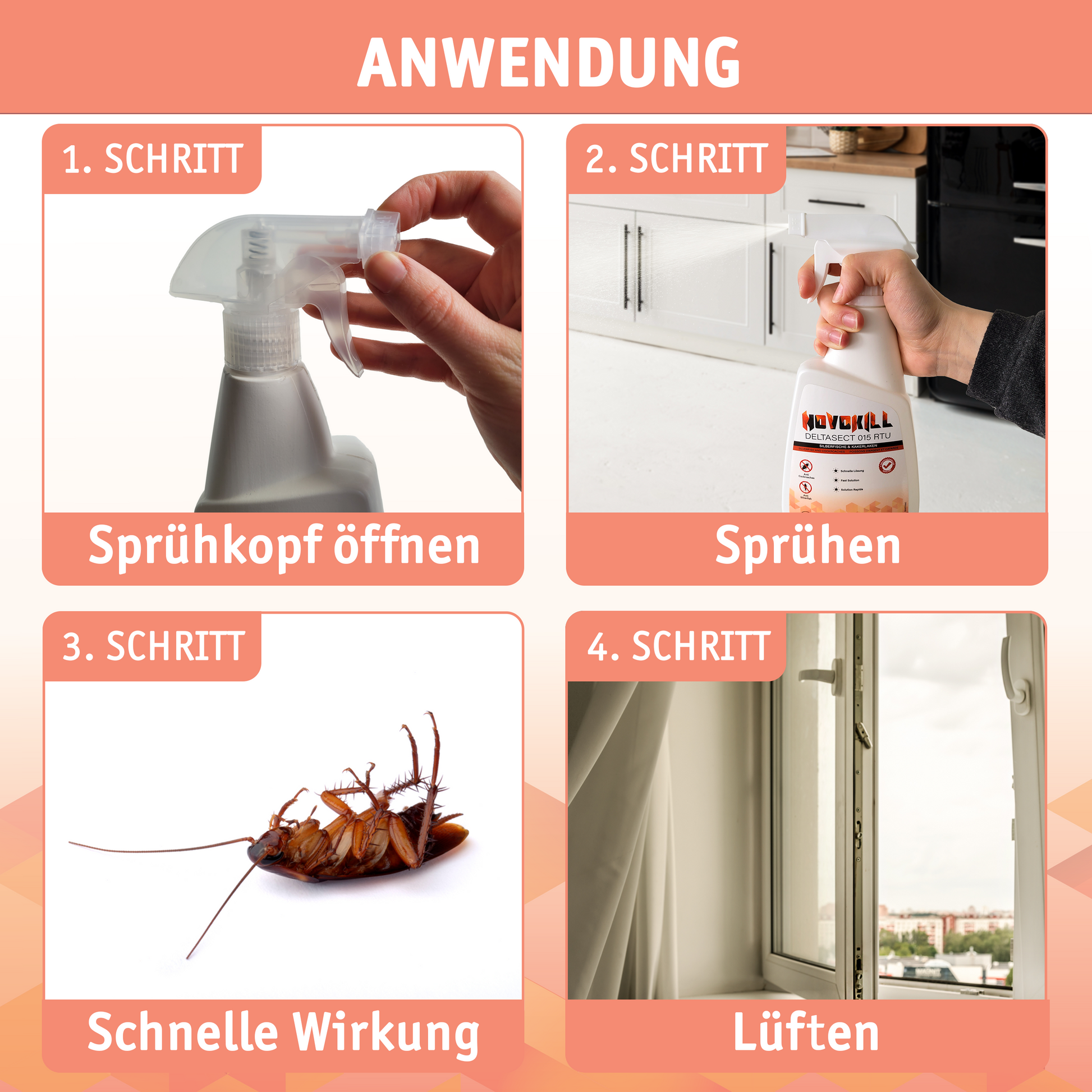 Anleitung zur Anwendung von Novokill Insektenspray mit Schritten wie Sprühkopf öffnen, sprühen, schnelle Wirkung und anschließend lüften