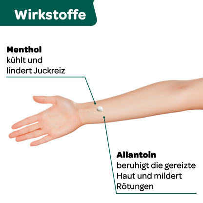 Arm mit aufgetragener Creme und Hinweis auf Menthol und Allantoin zur kühlenden Linderung von Juckreiz und Rötungen nach Insektenstichen
