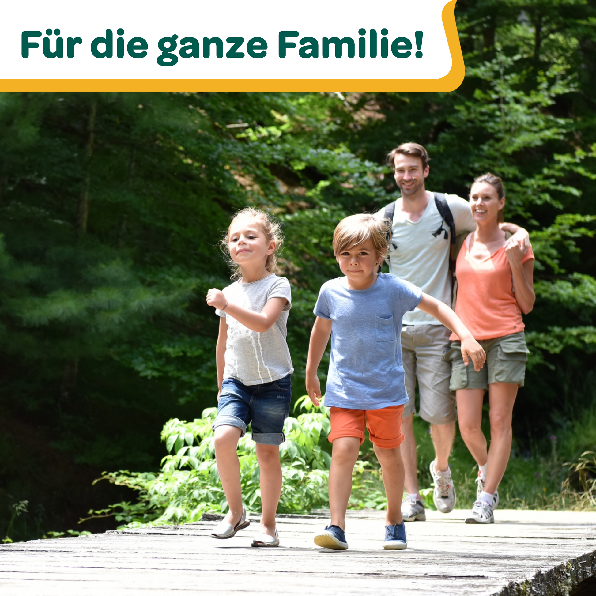 Familie mit zwei Kindern beim Spaziergang im Wald als Symbol für die sichere Anwendung von Recotin Insektenstich Produkten für die ganze Familie
