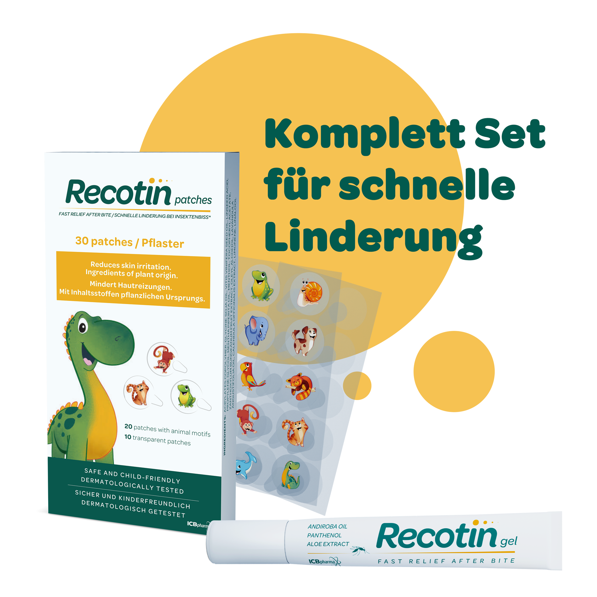 Recotin Mückenstich Komplett Set mit 30 Pflastern und Gel zur schnellen Linderung von Juckreiz und Hautreizungen nach Insektenstichen.