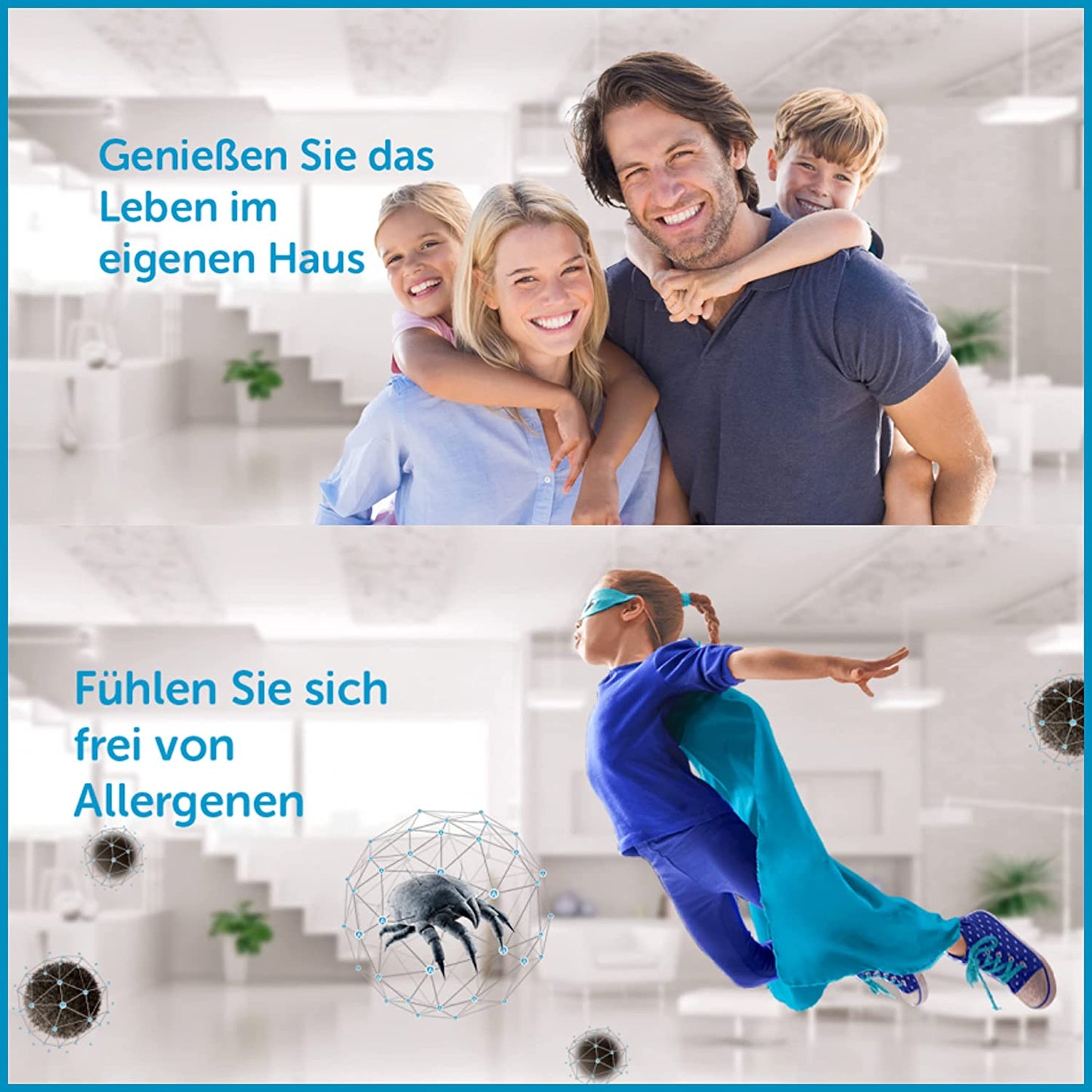 Glückliche Familie im Zuhause und Kind als Superheld als Symbol für ein allergenfreies Leben dank Allergoff Produkten gegen Milben und Allergene